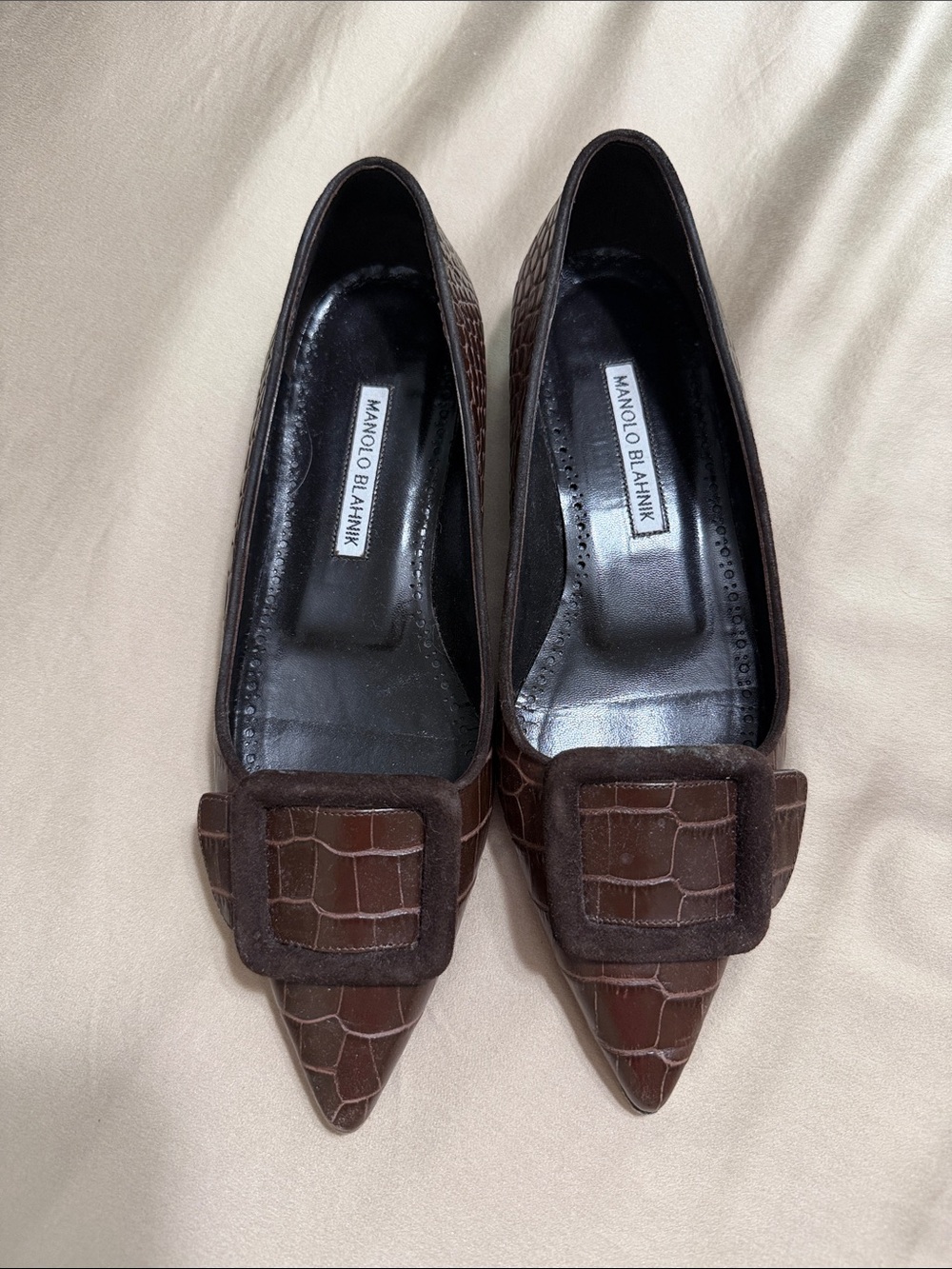 Manolo Blahnik Brown Croc-Embossed Pointed Toe Flats
